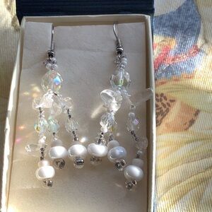 Vintage  pearl & AB Crystal beaded dangle pierced earrings